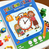 A colorful workbook titled Telling Time with illustrations of an alarm clock and a girl practicing telling time.