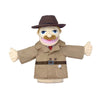 A plush hand puppet of a man wearing a brown hat and a tan coat with a red tie.