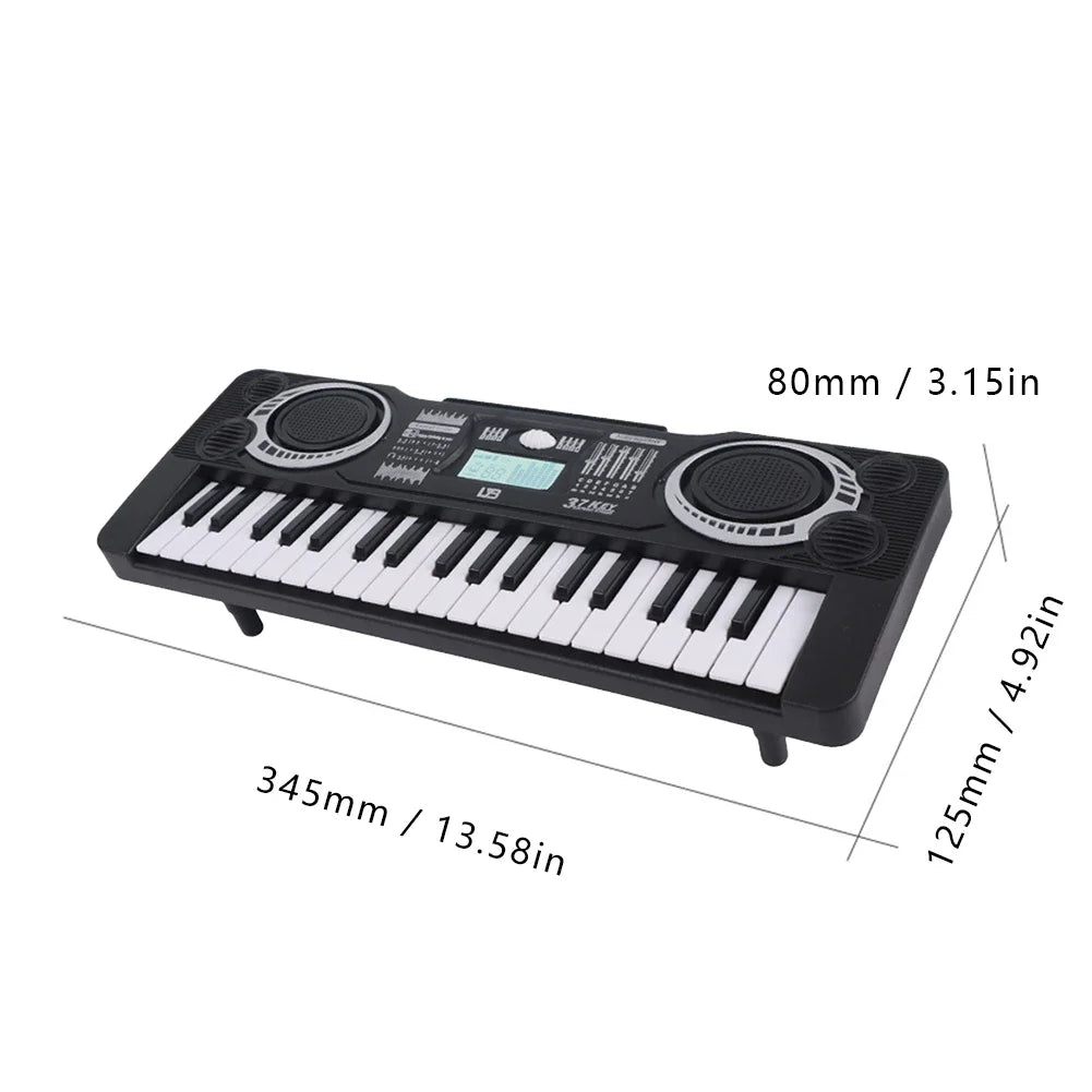 A black 37-key electronic keyboard with a microphone shown from the top view.