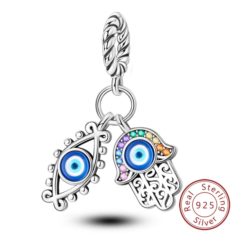 Sterling silver charm beads set featuring cross, angel, and evil eye designs for DIY jewelry making