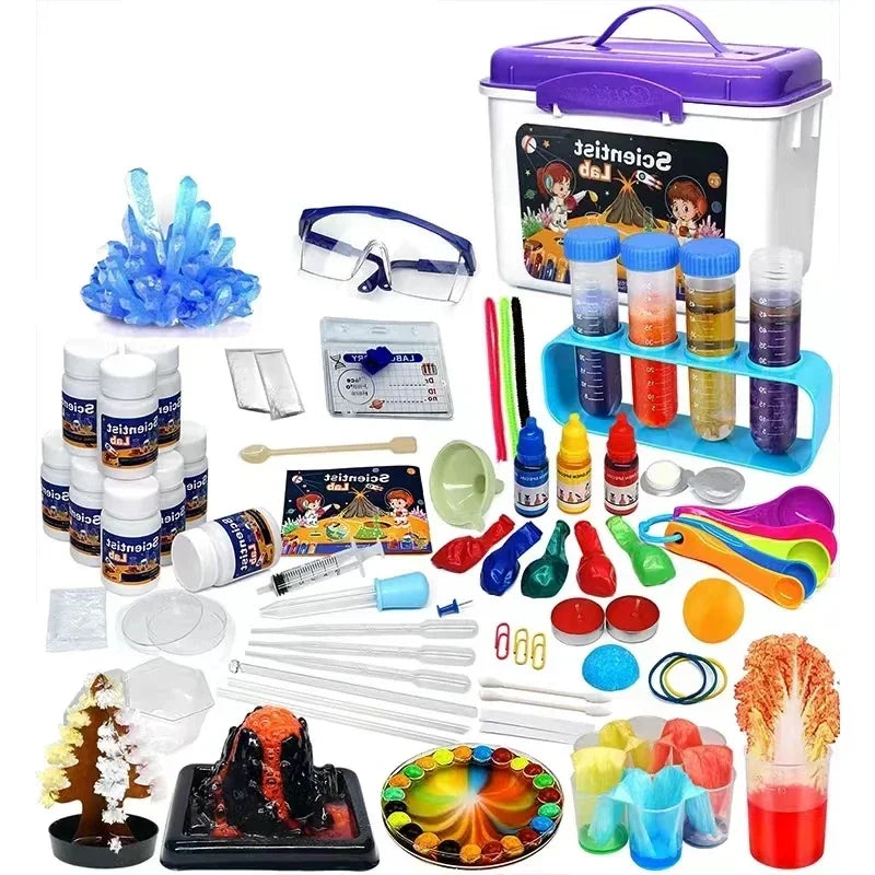 A colorful kids science experiment kit featuring various chemical learning activities and tools.