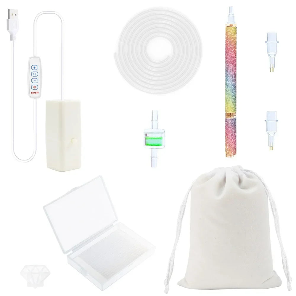 Electric diamond painting pen kit with a USB suction tool and storage pouch