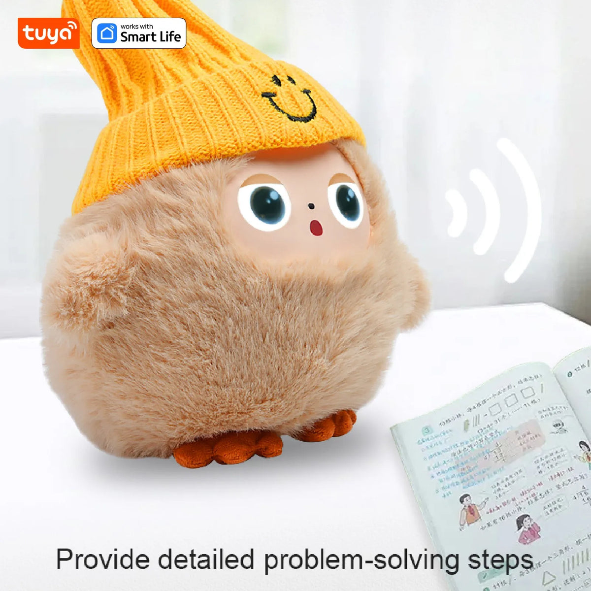 An orange knitted plush robot with large blue LED eyes and a smiling face sits on a white surface.