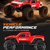A red 1:18 scale RC rock crawler vehicle with large tires and suspension is shown in an off-road setting.