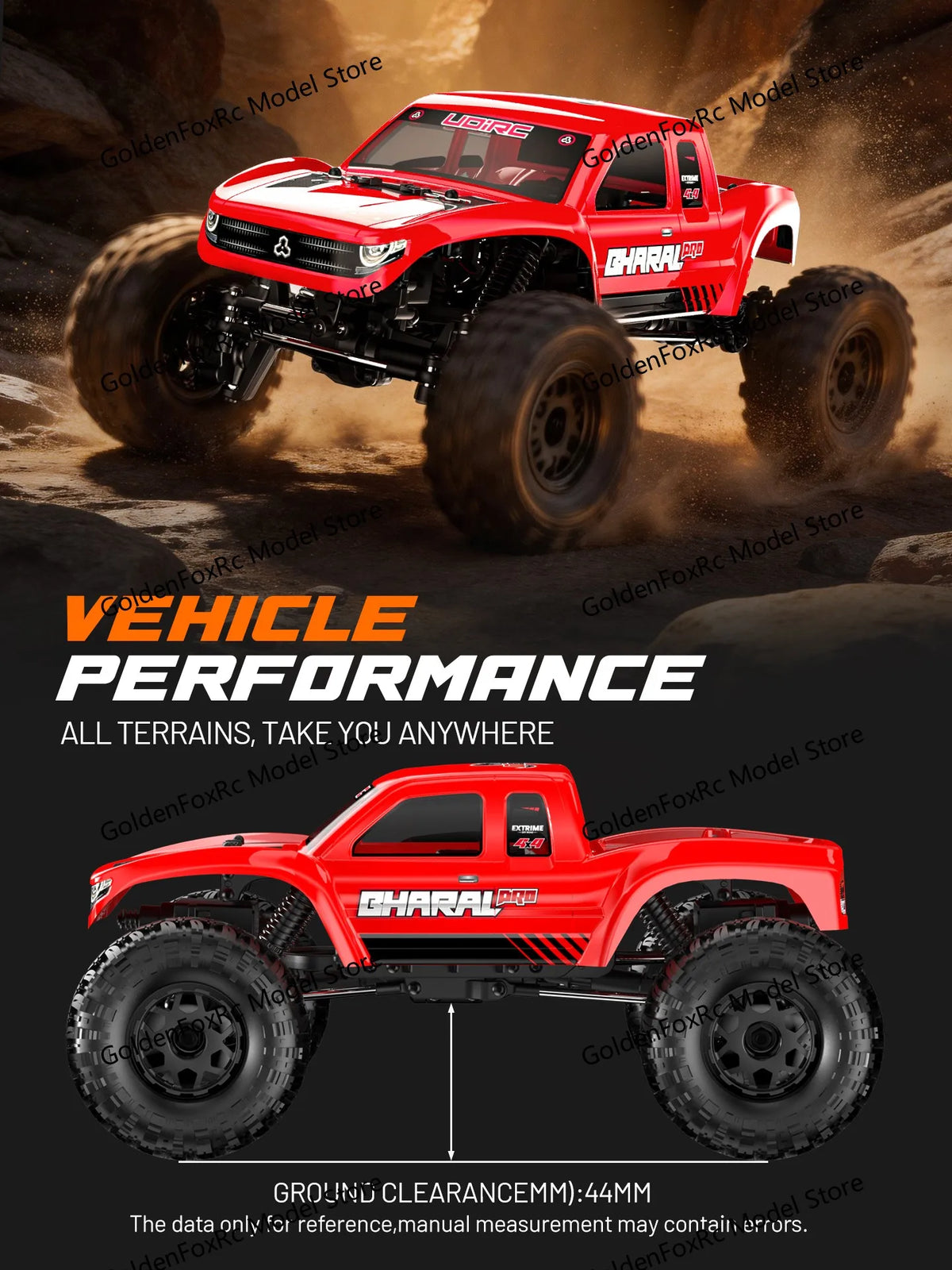A red 1:18 scale RC rock crawler vehicle with large tires and suspension is shown in an off-road setting.