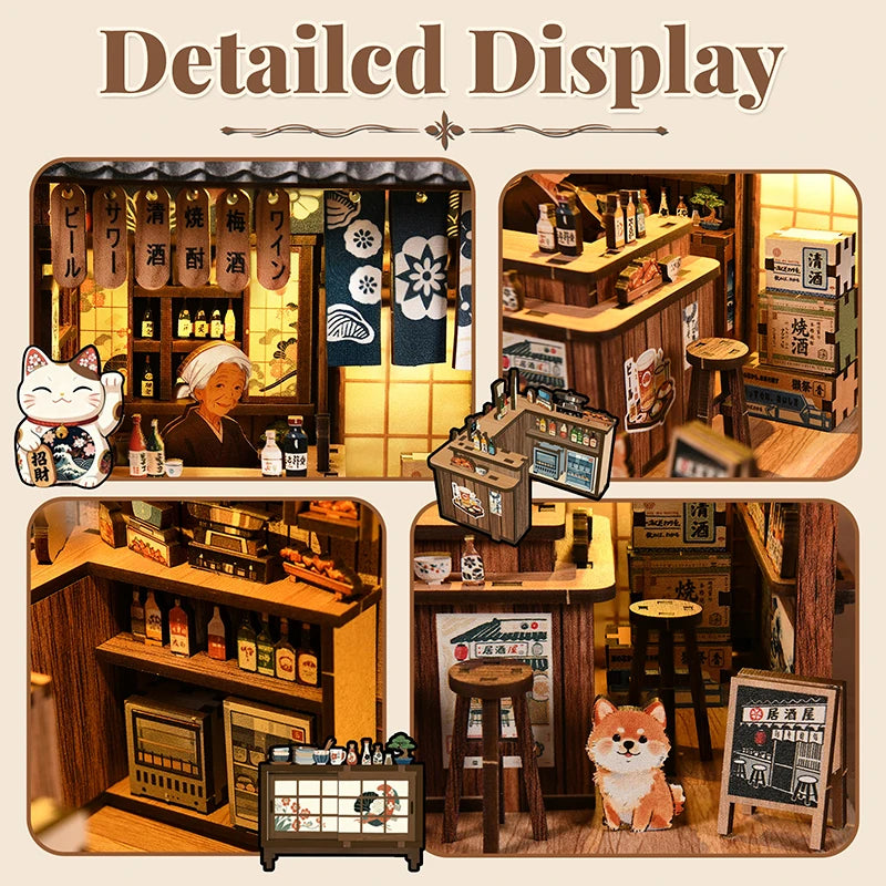 A detailed display of a miniature Japanese izakaya dollhouse kit featuring wooden furniture, bottles, and LED lighting.