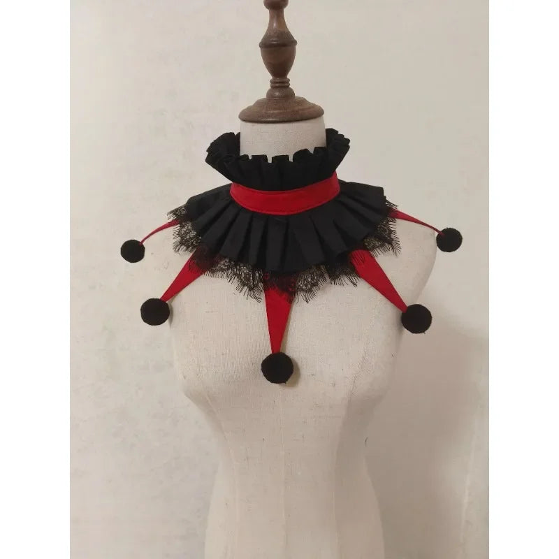 Black and red ruffled collar accessory displayed on a mannequin neck.