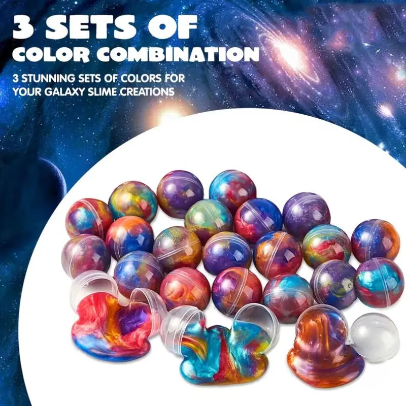 Three sets of colorful slime combinations displayed on a white background.