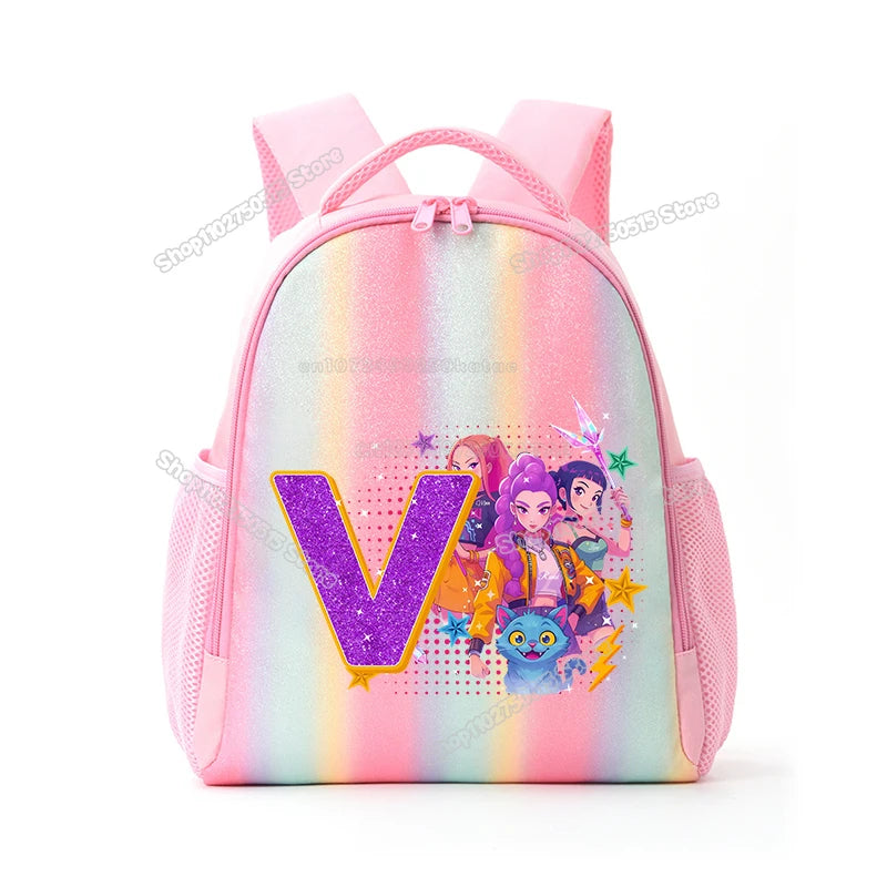 Pink backpack featuring a large purple letter V and anime characters on the front