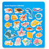 A colorful sticker book featuring marine organisms like shrimp, sea turtle, dolphin, fish, and starfish.