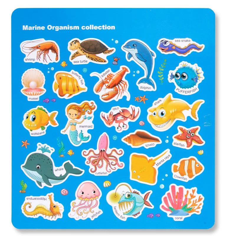 A colorful sticker book featuring marine organisms like shrimp, sea turtle, dolphin, fish, and starfish.