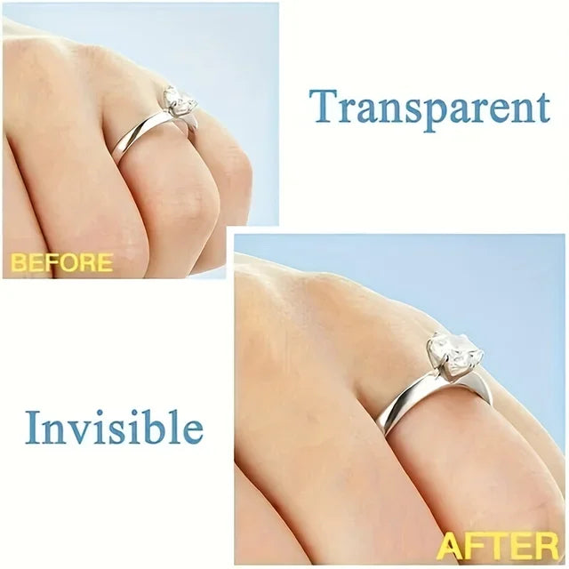 Before and after comparison showing the invisible adjustment of a ring size using adjustable ring sizer pads