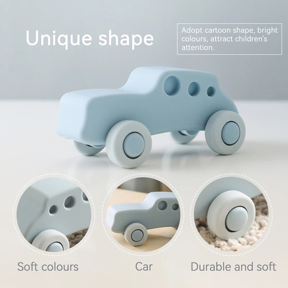 A light blue silicone toy car with unique shape, demonstrating soft colors, durability, and a car design for toddlers.