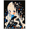 Anime-style illustration of a girl with long light hair and dark clothing adorned with sparkling stars and blue accents.