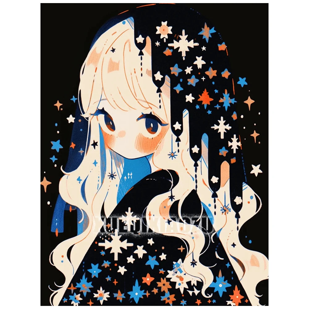 Anime-style illustration of a girl with long light hair and dark clothing adorned with sparkling stars and blue accents.