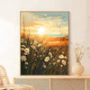 A painting of a sunset over tall grass with wildflowers, featuring warm orange and yellow tones.