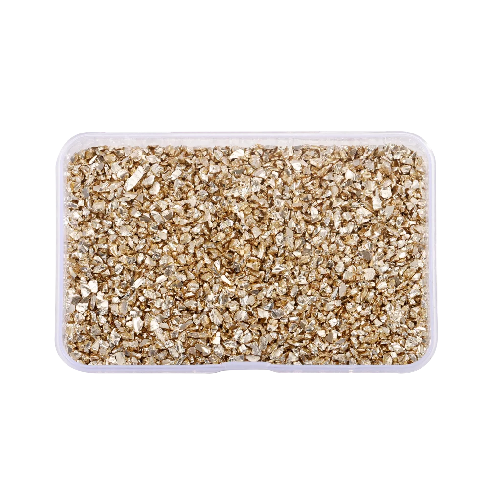 Clear plastic container filled with crushed glass stones for resin and craft projects