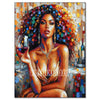 A vibrant painting of an African woman with curly hair holding a glass of red wine.