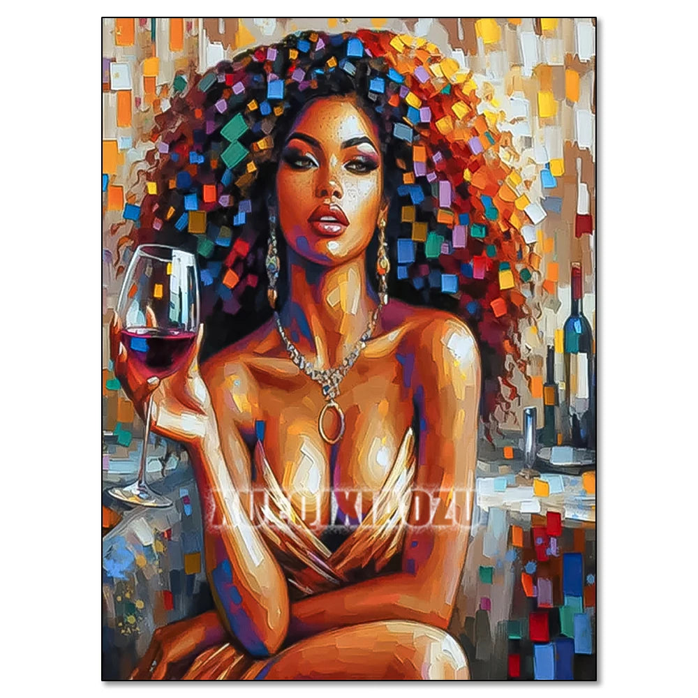 A vibrant painting of an African woman with curly hair holding a glass of red wine.