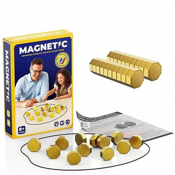 Box of Magnetic Strategy Game Set with wooden magnetic tiles and a game board