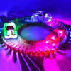 A glowing LED race track car toy set featuring several illuminated cars on a circular track.