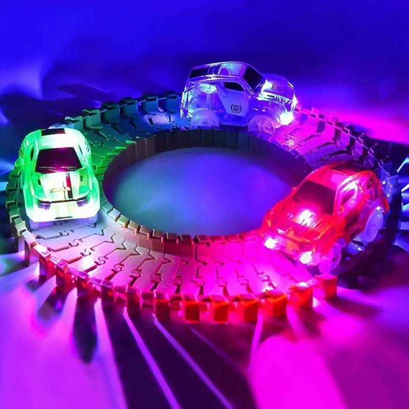 A glowing LED race track car toy set featuring several illuminated cars on a circular track.