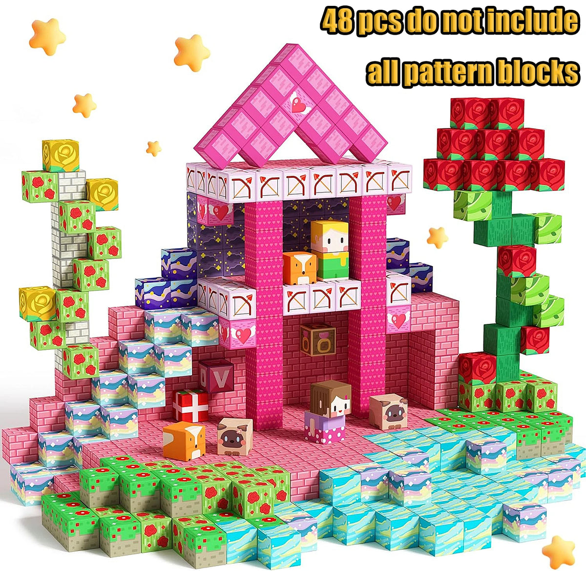 A pink and green magnetic building block set shaped like a castle, with various colored blocks scattered around.