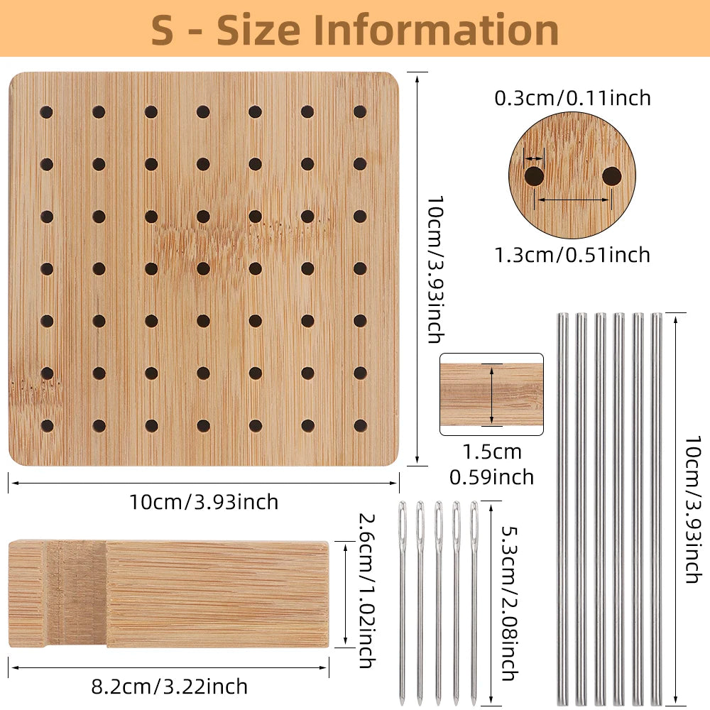 A wooden bamboo crochet blocking board with pins and a stand showing various sizes and dimensions.
