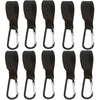 A set of black aluminum alloy stroller hooks with nylon straps shown from various angles.