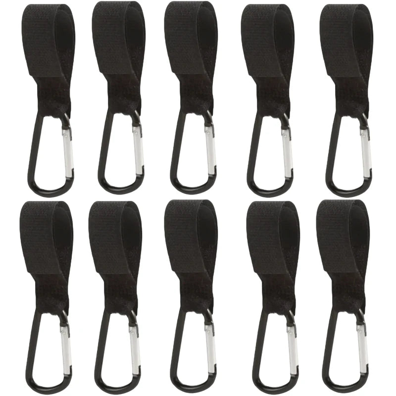 A set of black aluminum alloy stroller hooks with nylon straps shown from various angles.