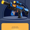 A blue and black toy gun with futuristic design, featuring light effects and sound features.