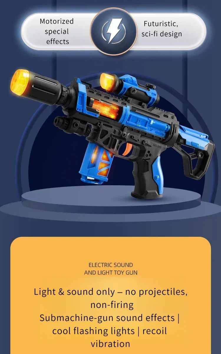 A blue and black toy gun with futuristic design, featuring light effects and sound features.