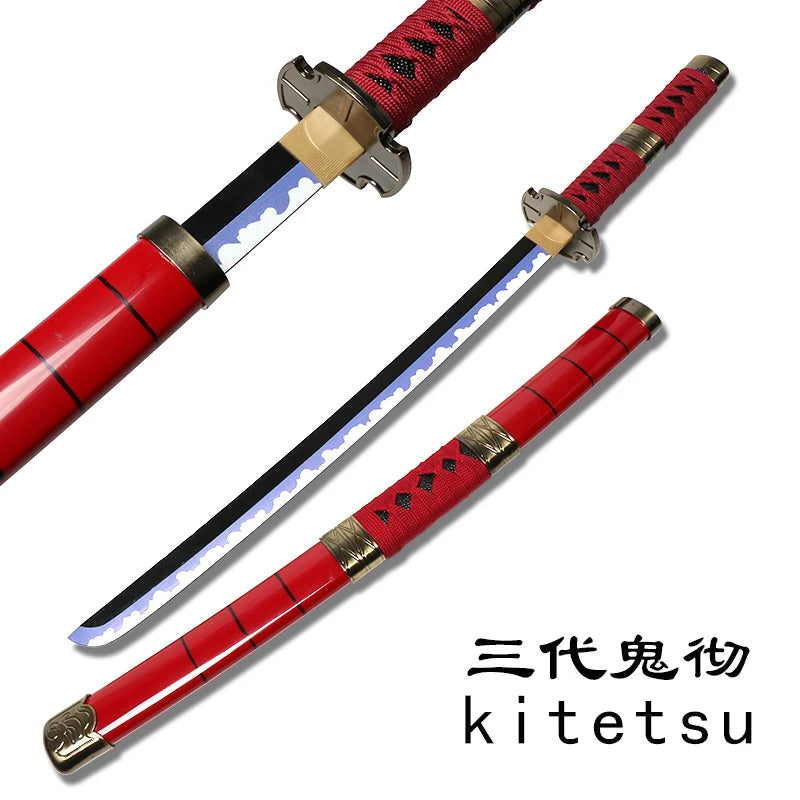 A Japanese katana sword with a red handle and silver fittings, displayed for cosplay.