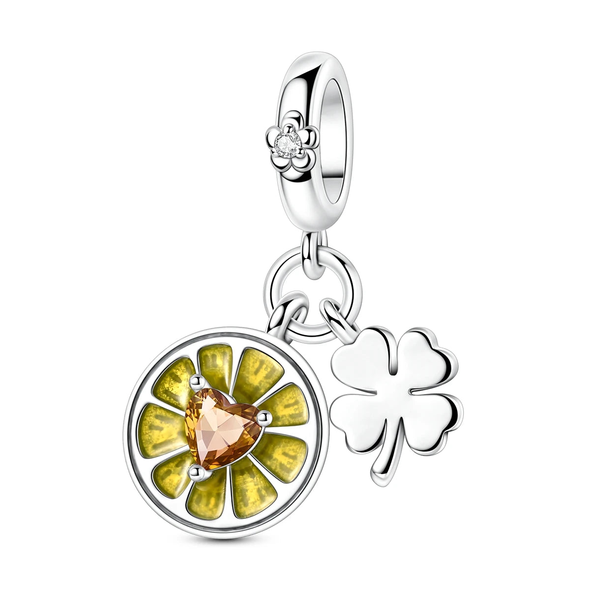 A silver fruit charm bead set featuring a flower pendant and a four-leaf clover charm.