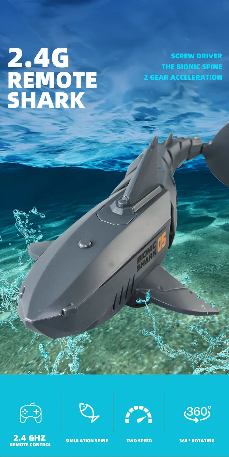 A gray remote control swimming shark toy is shown underwater with bubbles, featuring 2.4 GHz remote control and gear accelera
