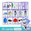 A set of 35 colorful English vocabulary flashcards featuring various clothing items like shirts pants jackets and shoes