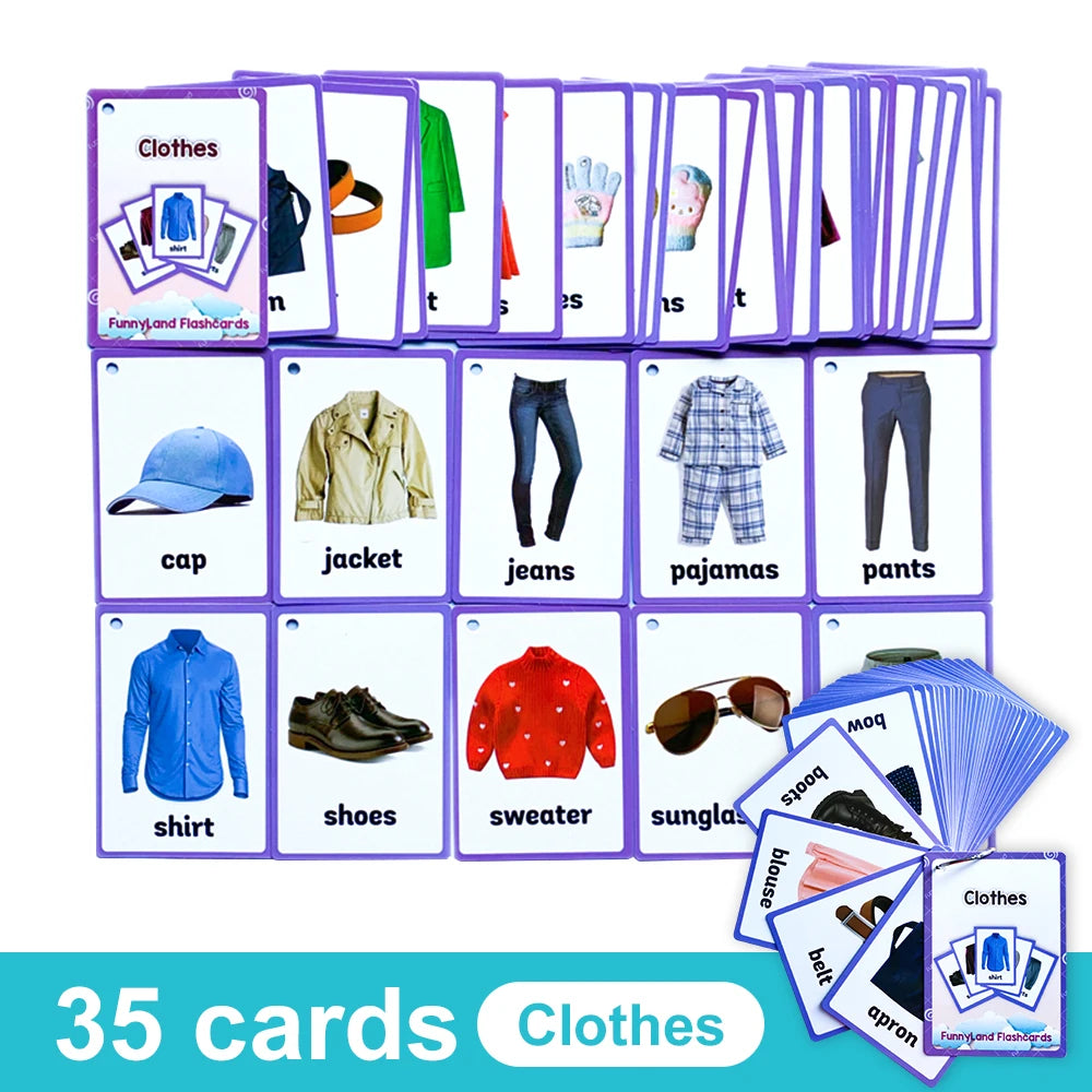 A set of 35 colorful English vocabulary flashcards featuring various clothing items like shirts pants jackets and shoes