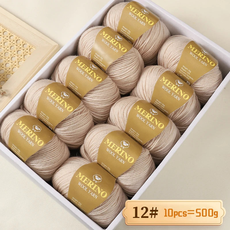 A box filled with 10 balls of Merino wool yarn, labeled as 12# yarn, totaling 500g.