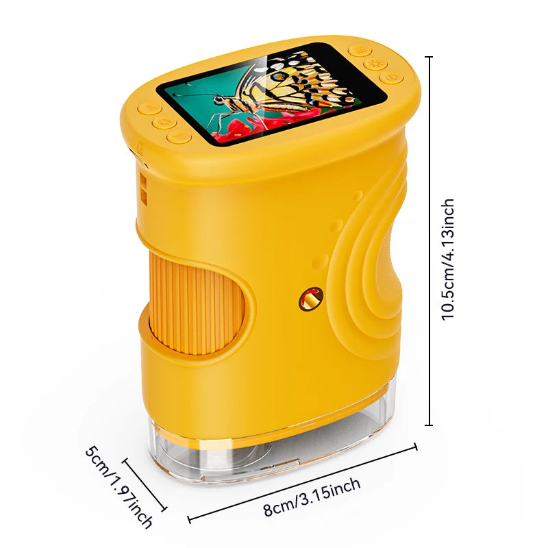 A yellow portable digital microscope for kids with a magnifying lens and display screen.