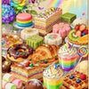 A colorful arrangement of sweet desserts including cupcakes, cakes, and fruit arranged for home decor.