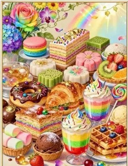 A colorful arrangement of sweet desserts including cupcakes, cakes, and fruit arranged for home decor.