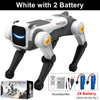 White Robot Dog toy with 2 batteries and accessories shown in a studio setting.