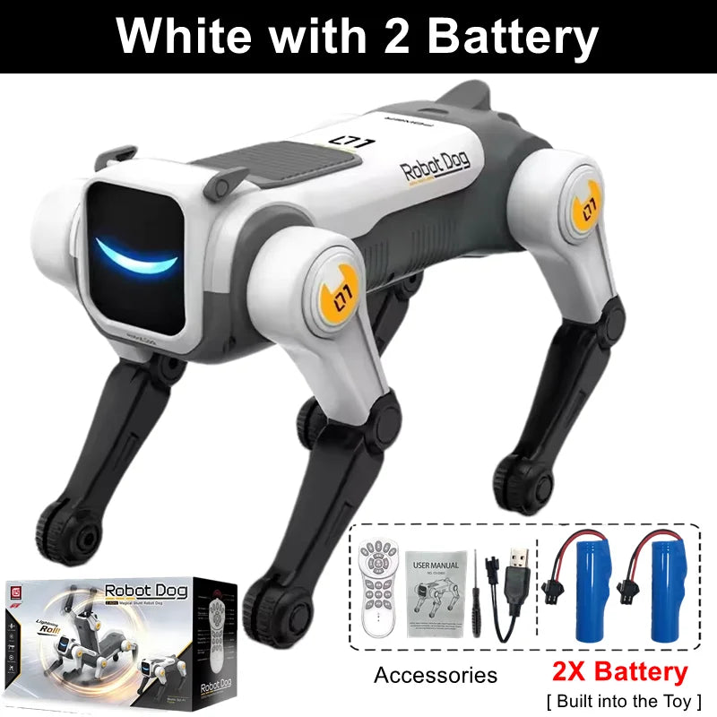 White Robot Dog toy with 2 batteries and accessories shown in a studio setting.