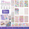 A collection of 19 sheets of acrylic gem stickers featuring various colors and designs for crafting and decoration.
