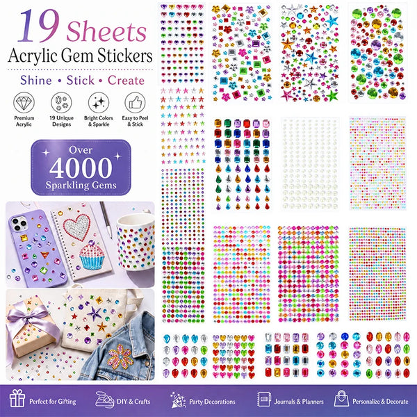 19 láminas de pegatinas de gemas acrílicas en varios colores y diseños para manualidades y decoración.