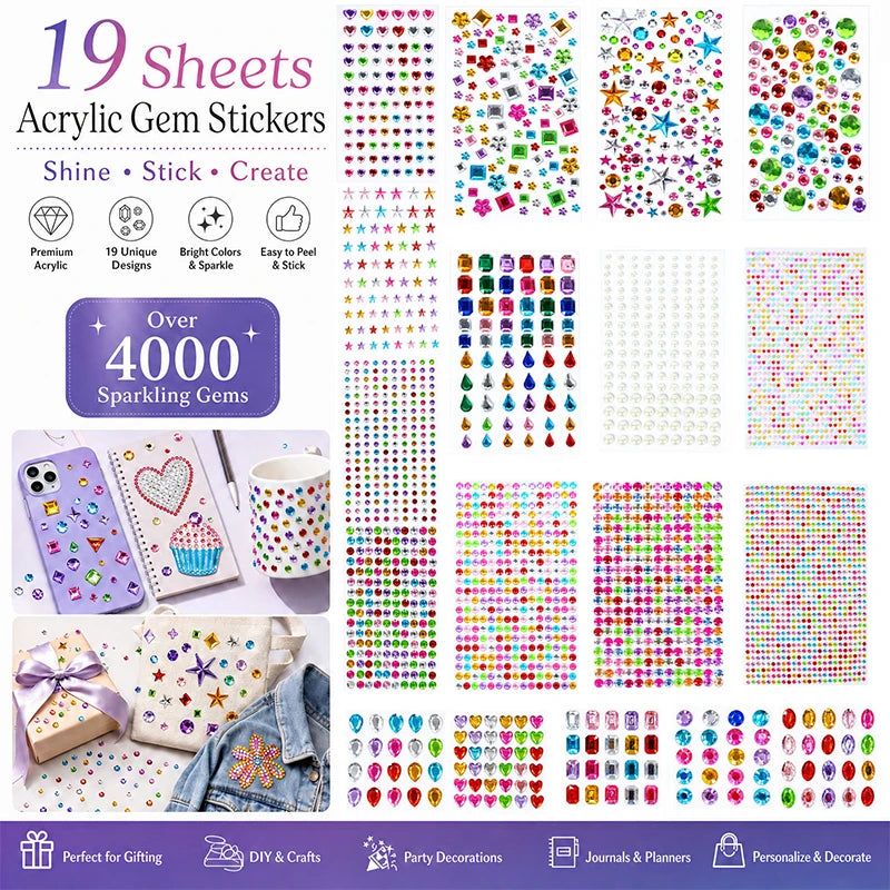 A collection of 19 sheets of acrylic gem stickers featuring various colors and designs for crafting and decoration.