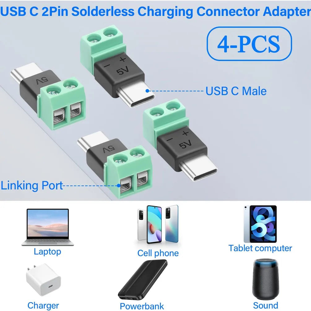 A set of four USB C male to 2-pin solderless charging connector adapters for various devices.