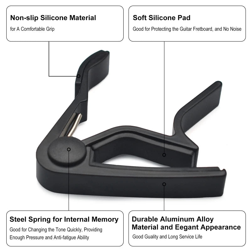 A black guitar accessory kit featuring a non-slip silicone material, a soft silicone pad, and a steel spring for internal mem