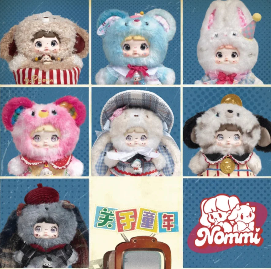 A collection of Nommi Childhood Series blind box collectible dolls featuring various characters and designs.