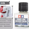 A bottle of Panel Line Accent Color enamel paint in gray with a black cap and label.